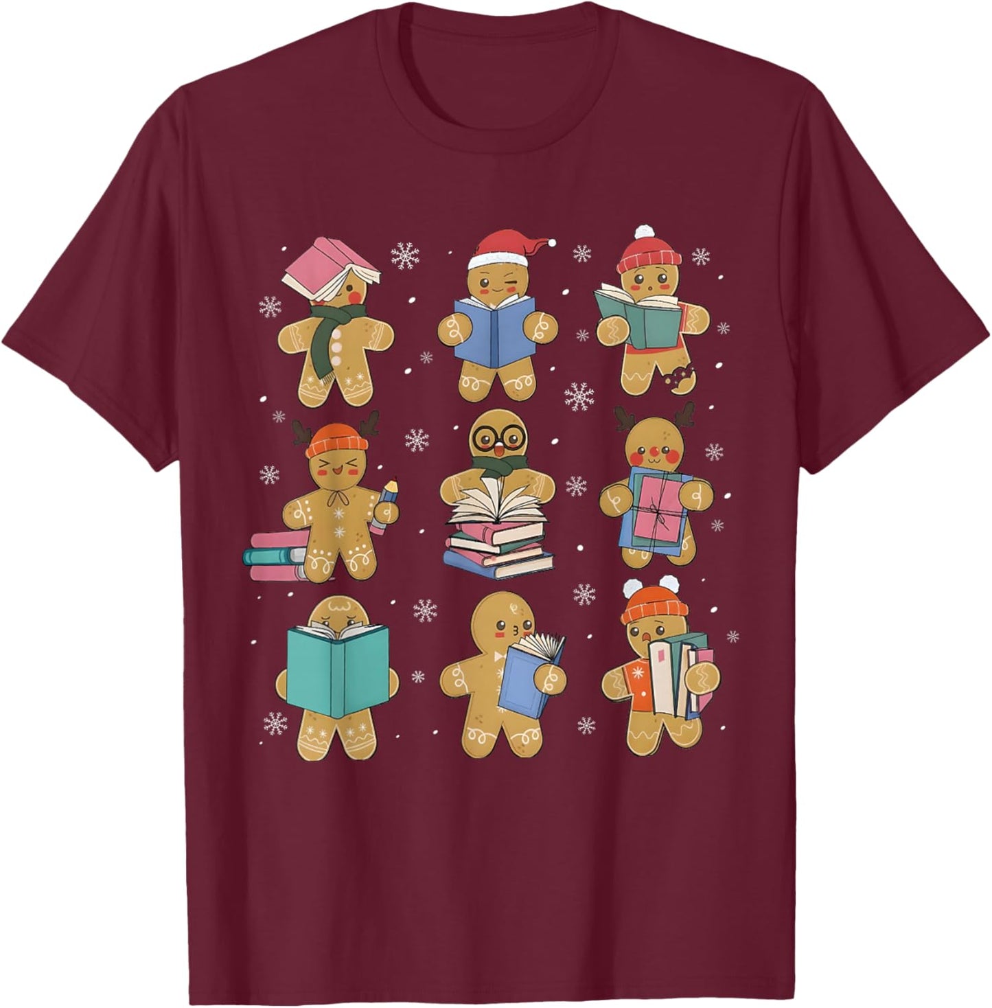 Christmas Library Gingerbread Man Books Lover Bookworm Gifts T-Shirt - T-Shirt | Maroon