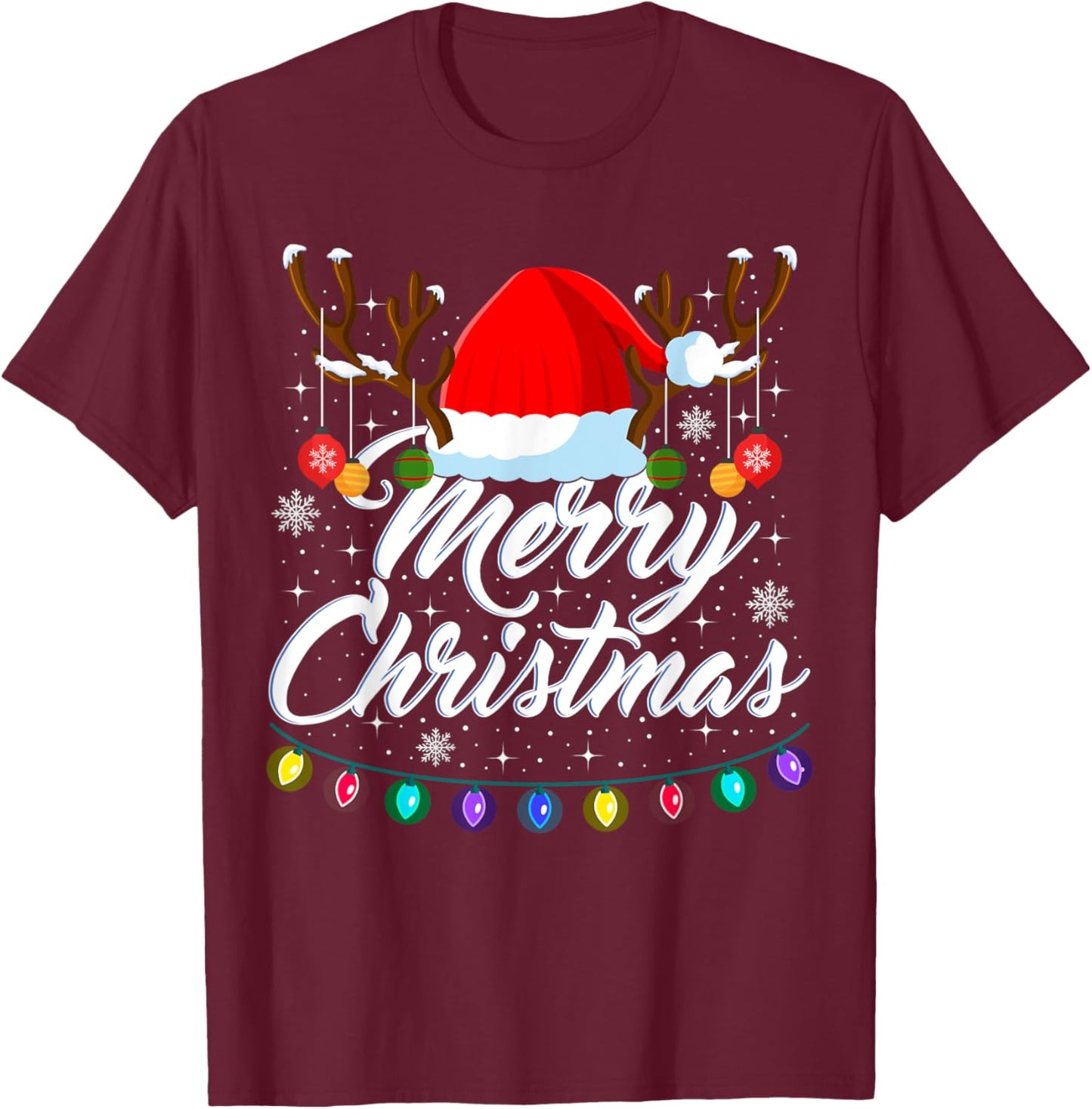 Merry Christmas Red Santa Hat Reindeer Xmas Matching Family T-Shirt - T-Shirt | Maroon