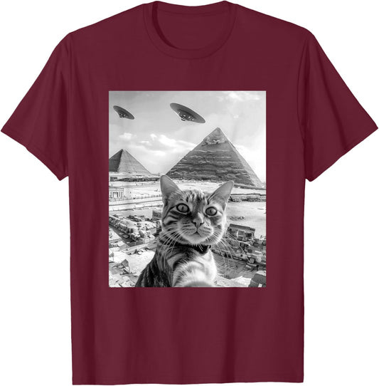 Funny Cat Selfie with Pyramids Alien UFOs Men Women Girls Kids T-Shirt - T-Shirt | Maroon