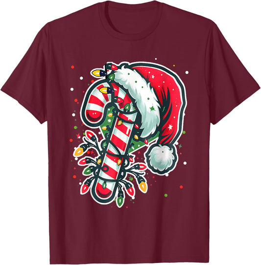 Red And White Candy Cane Santa Christmas Funny Xmas Lights T-Shirt - T-Shirt | Maroon