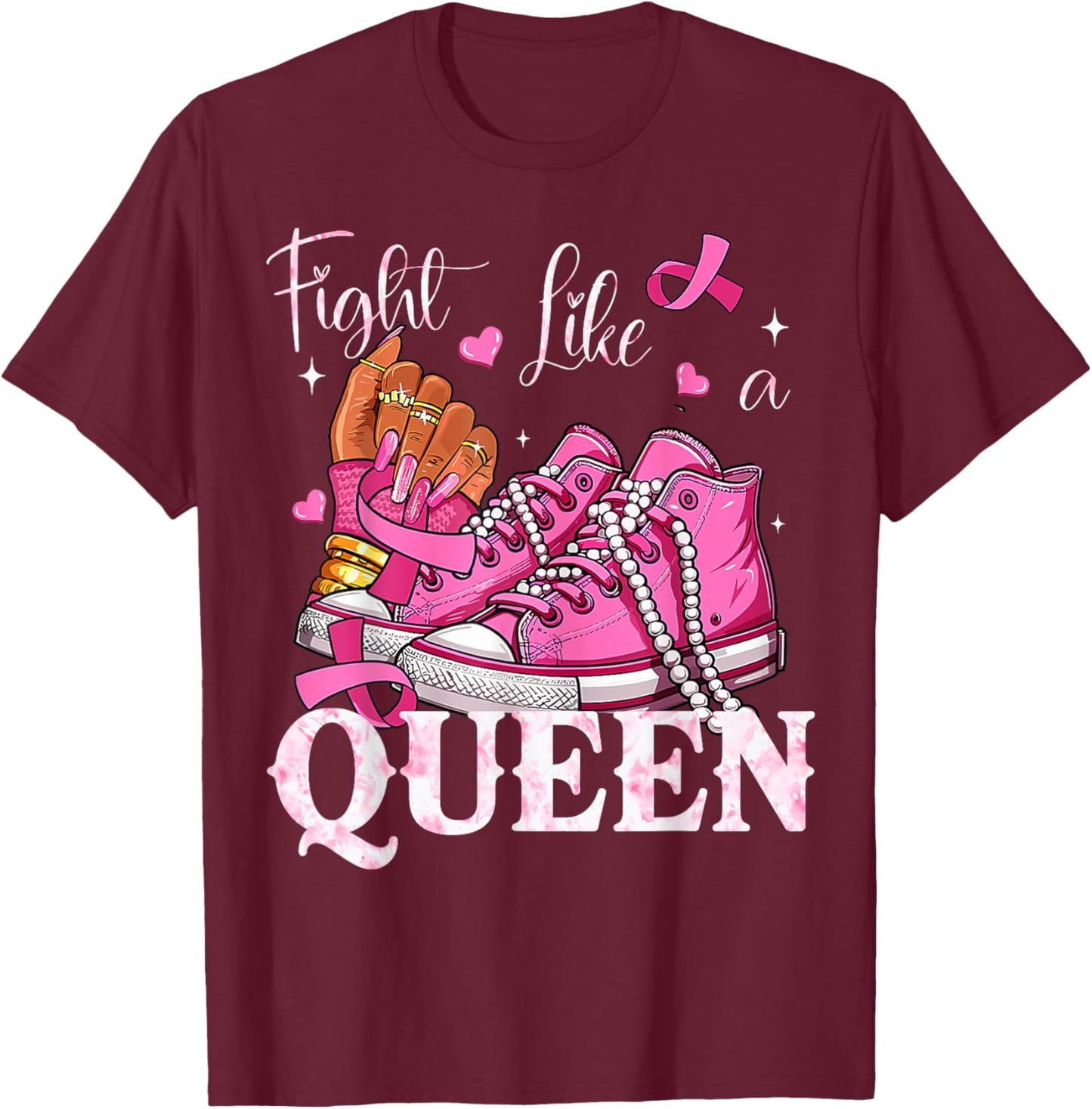 Afro Queen Black Women Breast Cancer Survivor Pink Ribbon T-Shirt - T-Shirt | Maroon