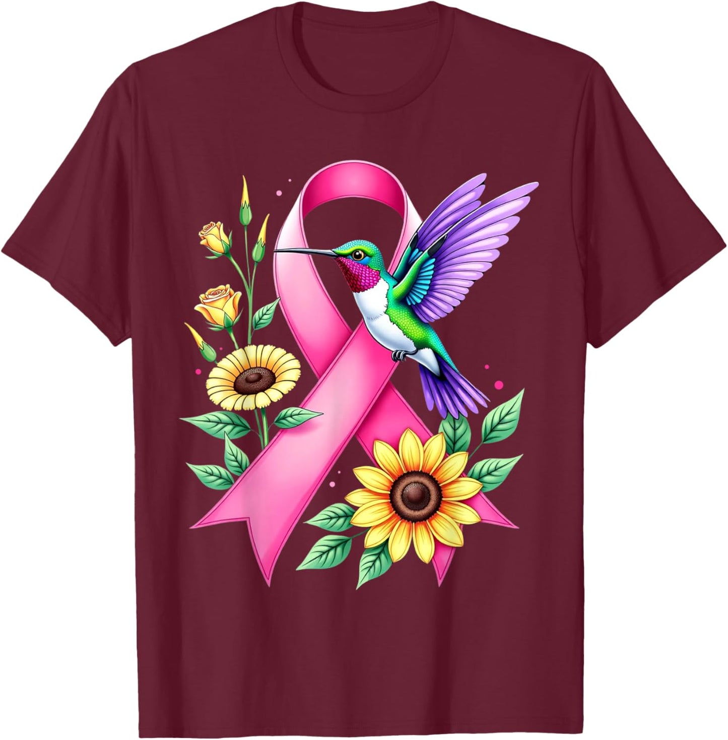 Hummingbird Sunflower Pink Ribbon Breast Cancer Awareness T-Shirt - T-Shirt | Maroon