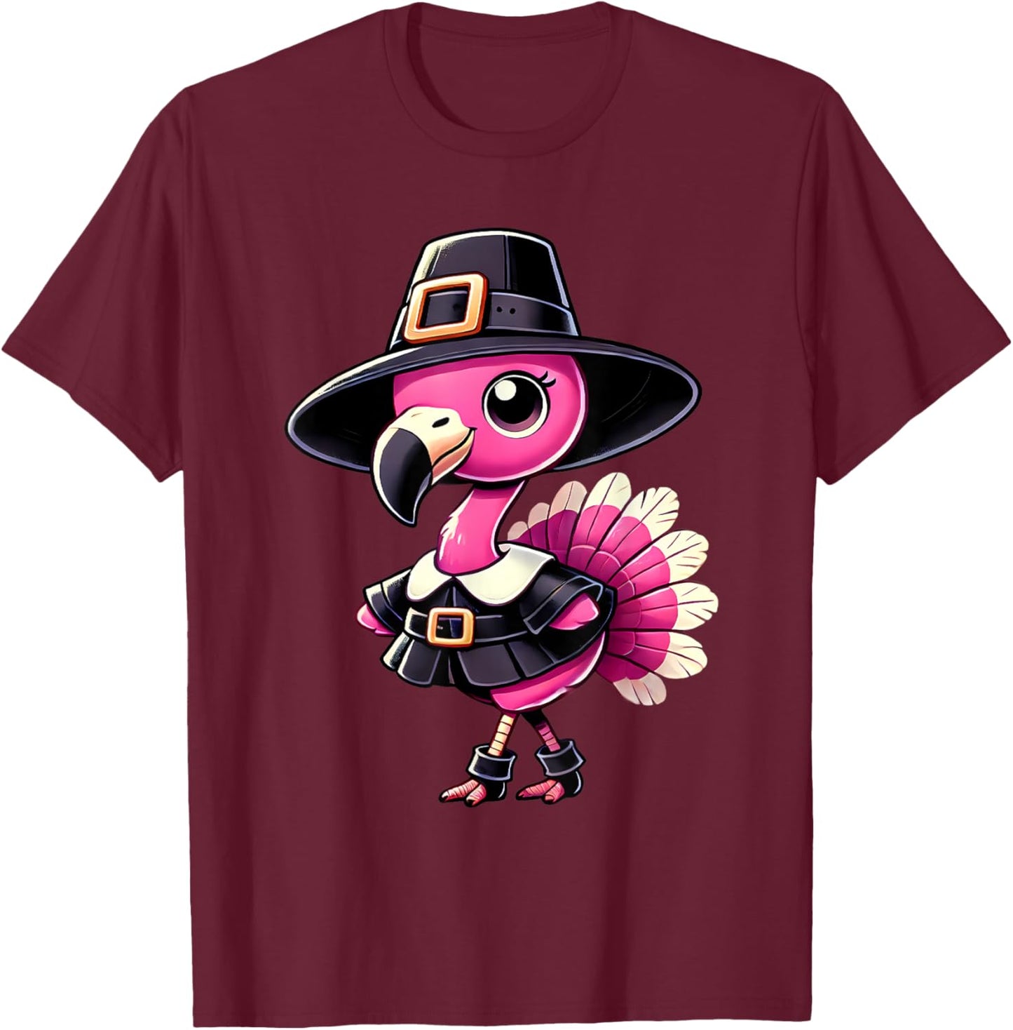 Cute Flamingo Pilgrim Hat Thanksgiving Fall Men Women Kids T-Shirt - T-Shirt | Maroon