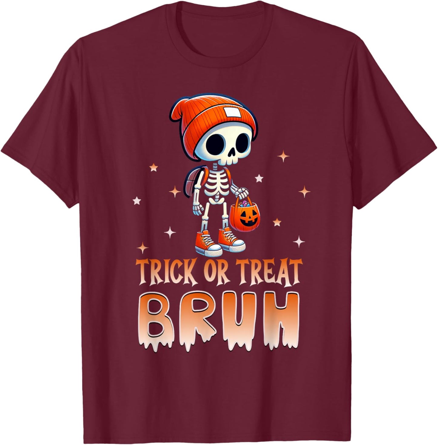 Bruh Halloween Skeleton Trick or Treat Bruh Kids Boys Funny T-Shirt - T-Shirt | Maroon