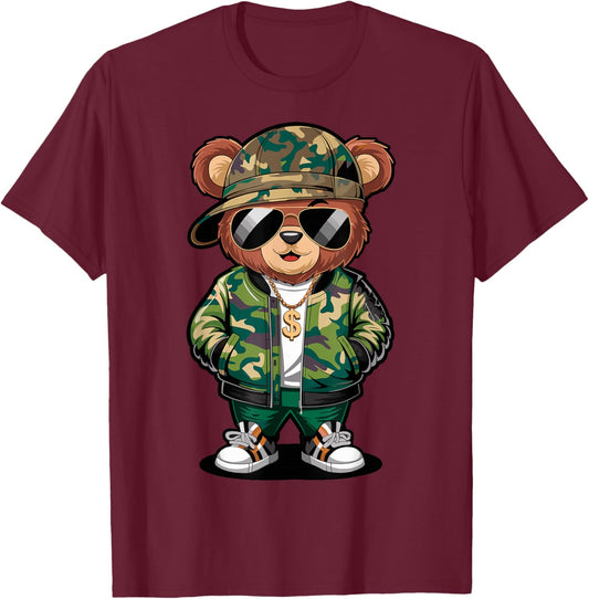 Hip Hop Teddy Bear Camouflage Rap Music T-Shirt - T-Shirt | Maroon