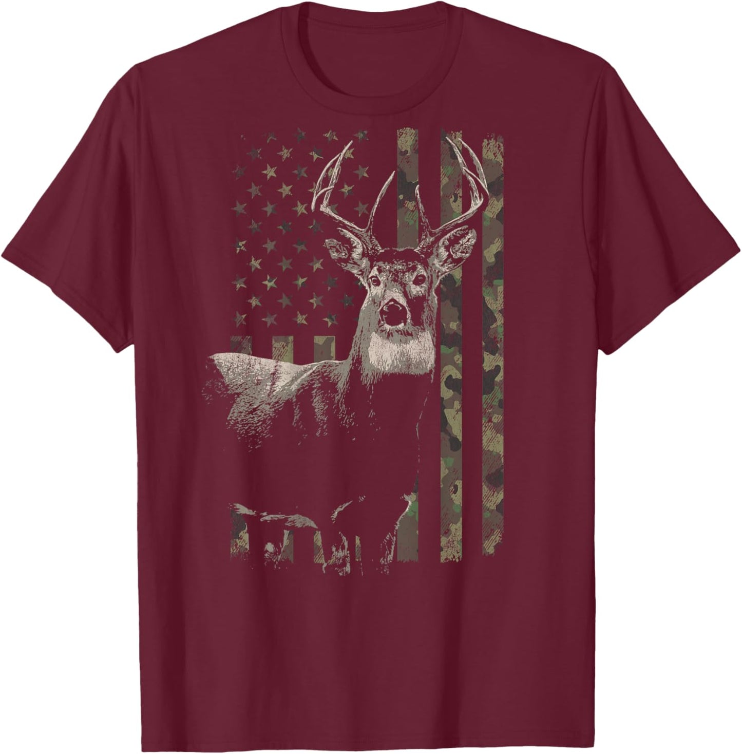 Hunting Camo American Flag Deer Camouflage (Design on Back) T-Shirt - T-Shirt | Maroon