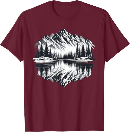 Mountain Landscape Retro Reflection Forest Outdoor Wildlife T-Shirt - T-Shirt | Maroon