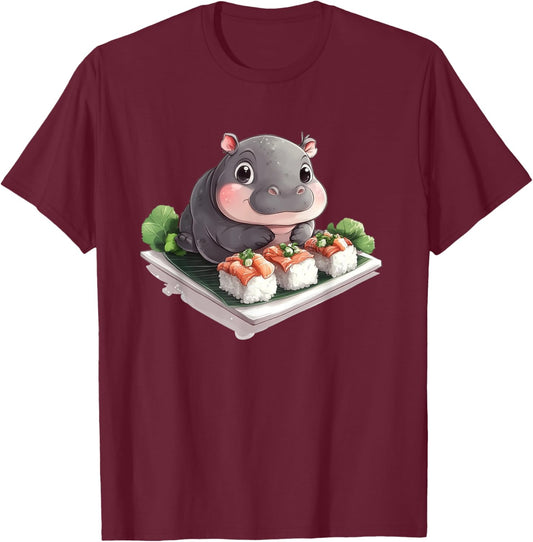 Cute lovable Moo Deng baby fat hippopotamus eating sushi T-Shirt - T-Shirt | Maroon