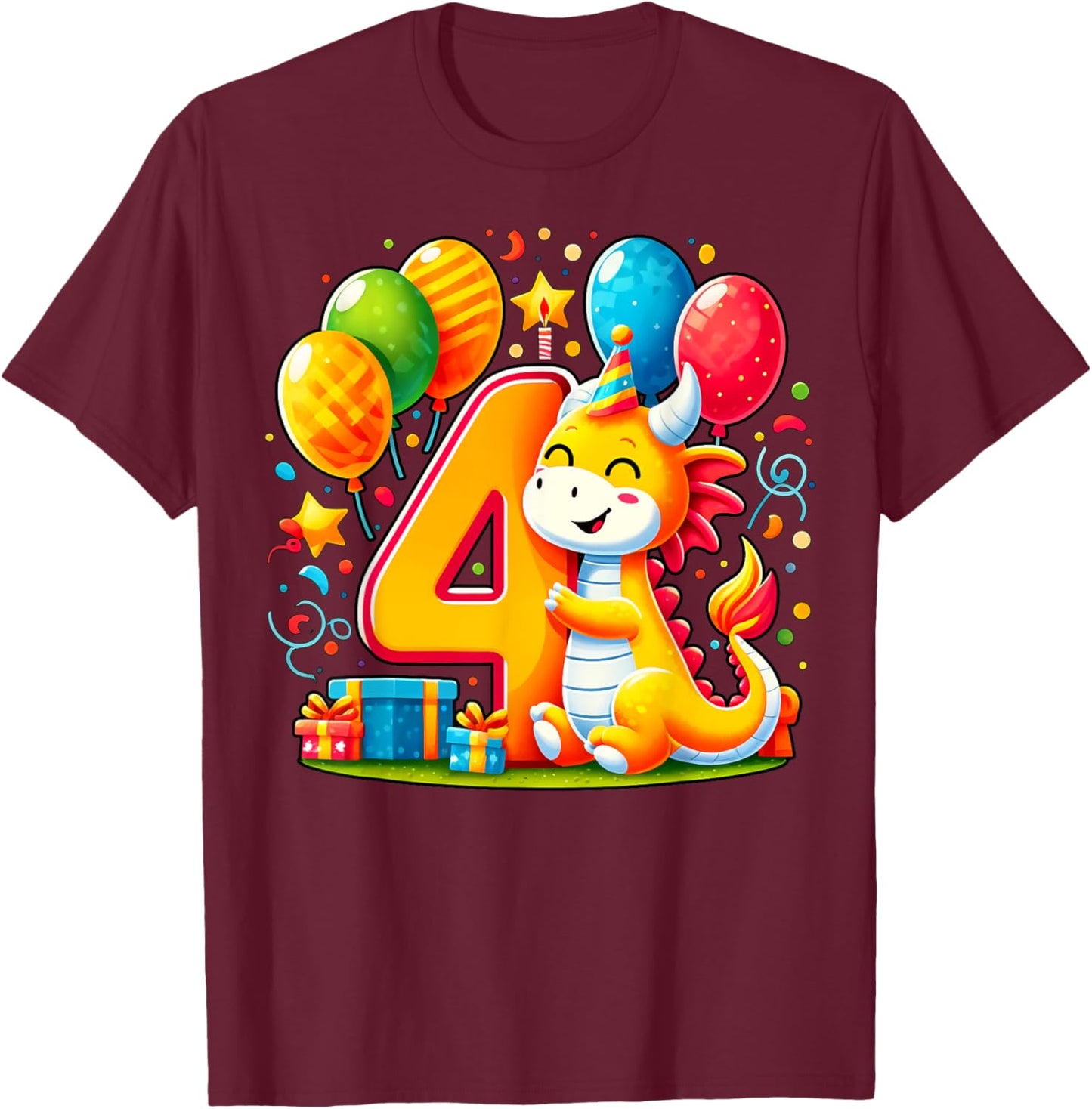 Bday fourth Boys, Girls, Kids age four 4th birthday Dragon T-Shirt - T-Shirt | Maroon