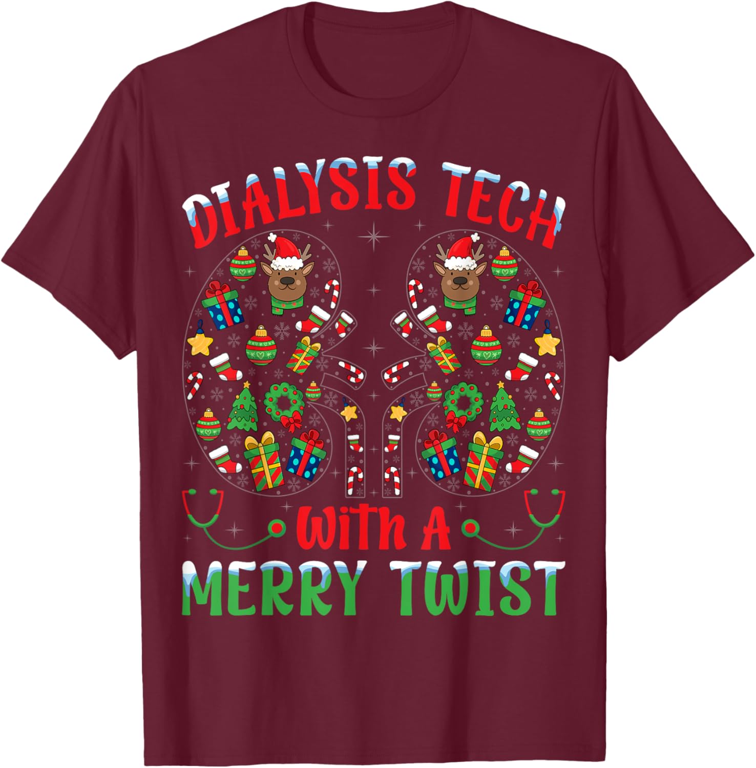Dialysis Tech With A Merry Twist - Nephrology Tech Christmas T-Shirt - T-Shirt | Maroon