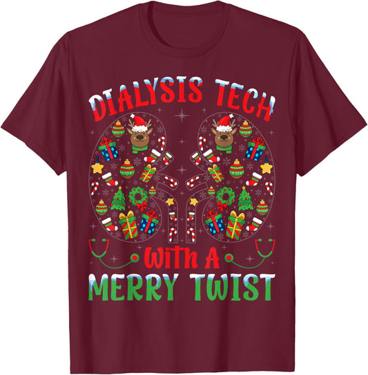 Dialysis Tech With A Merry Twist - Nephrology Tech Christmas T-Shirt - T-Shirt | Maroon