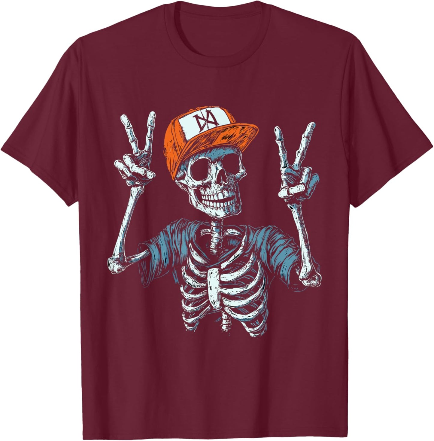 Skeleton Hand Peace Sign Bone T-Shirt - T-Shirt | Maroon