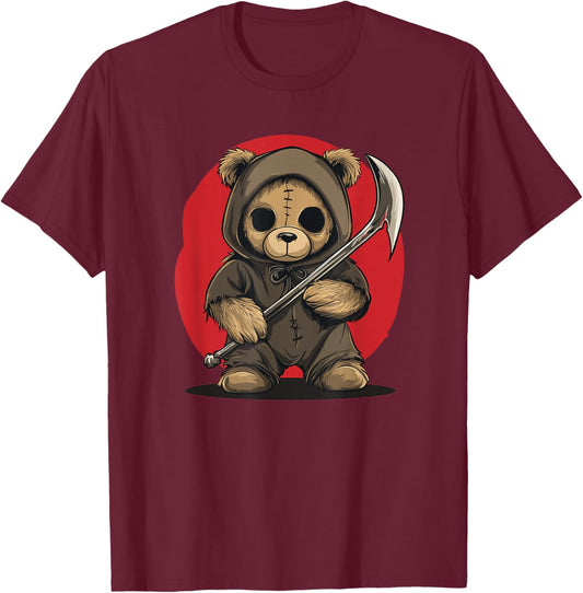 Halloween Teddy Bear in Grim Reaper Costume T-Shirt - T-Shirt | Maroon