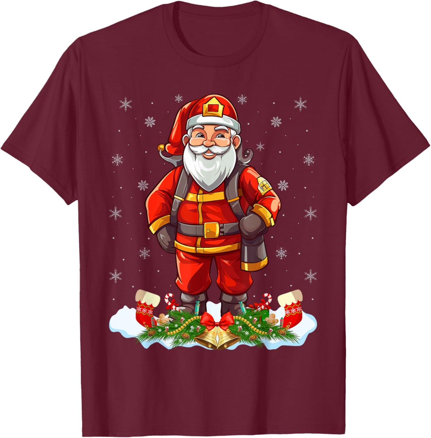 Funny Fireman Costume Santa Claus Firefighter Christmas T-Shirt - T-Shirt | Maroon