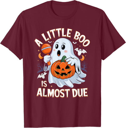 Little Boo Is Almost Due Cute Halloween Pregnancy Reveal T-Shirt - T-Shirt | Maroon