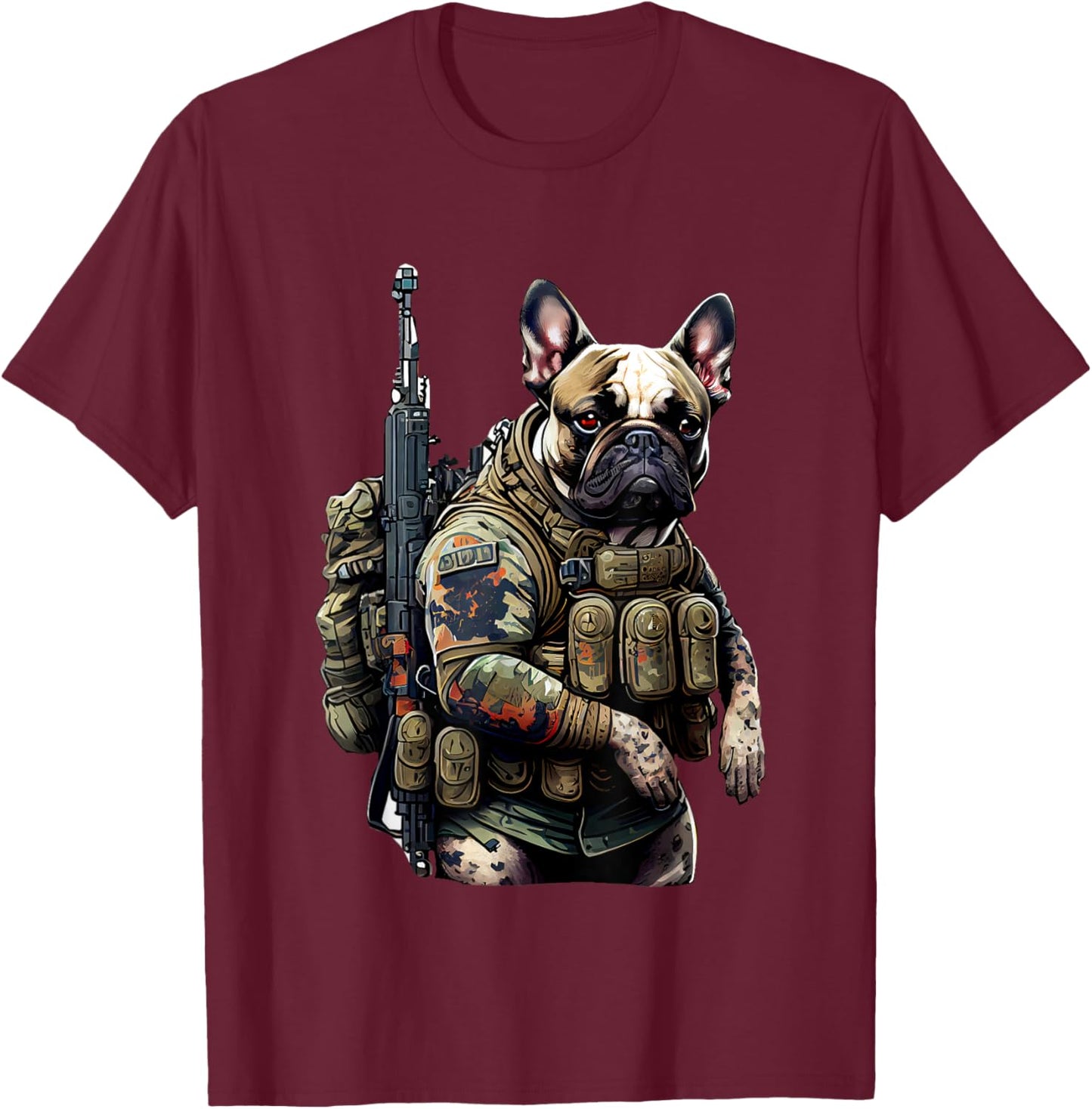 French Bulldog Tactical Military Warrior T-Shirt - T-Shirt | Maroon