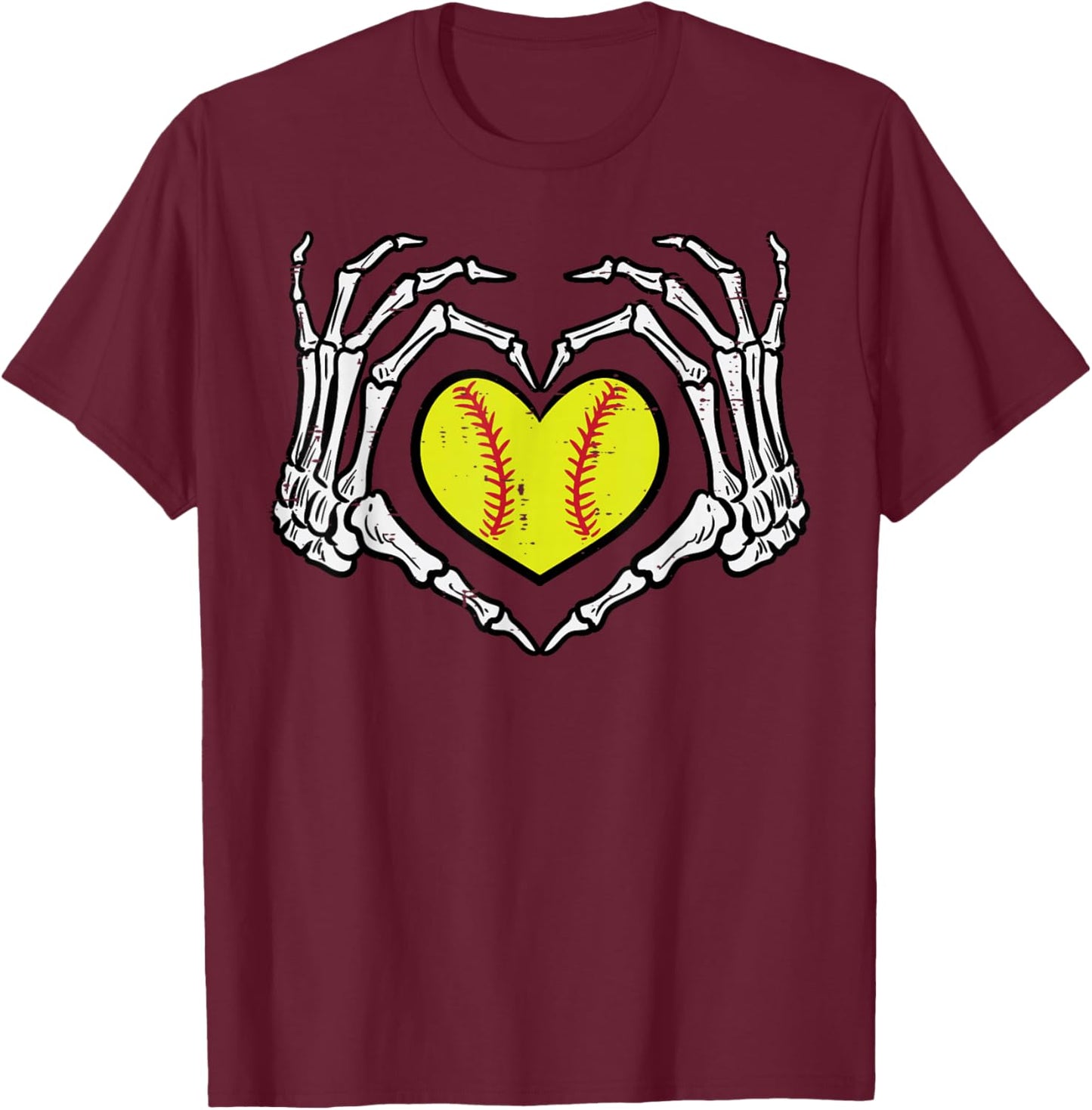 Halloween Softball Heart Skeleton Hands Costume Women Girls T-Shirt - T-Shirt | Maroon