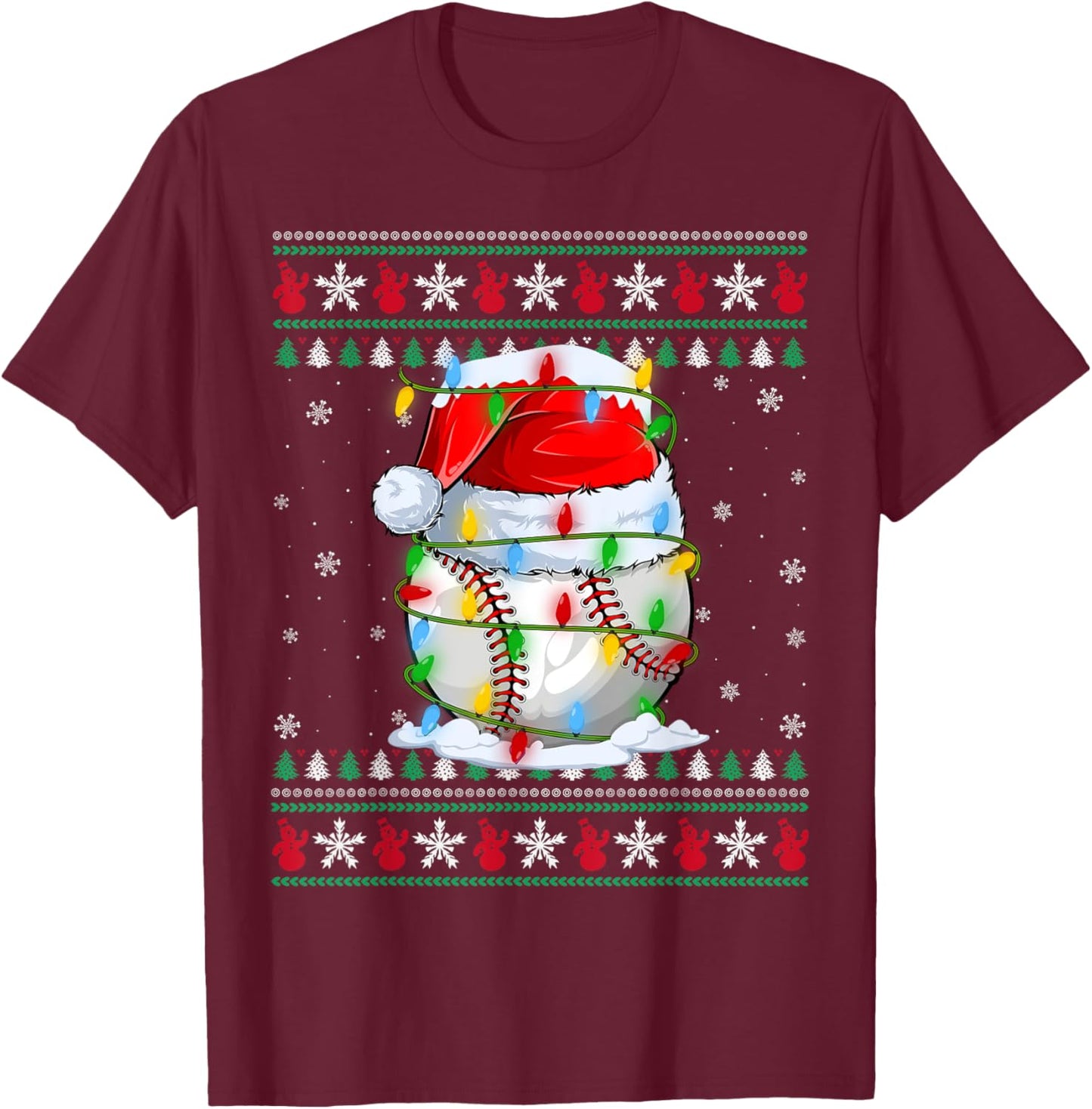 Baseball Ugly Sweater Style Xmas Lighting Baseball Christmas T-Shirt - T-Shirt | Maroon