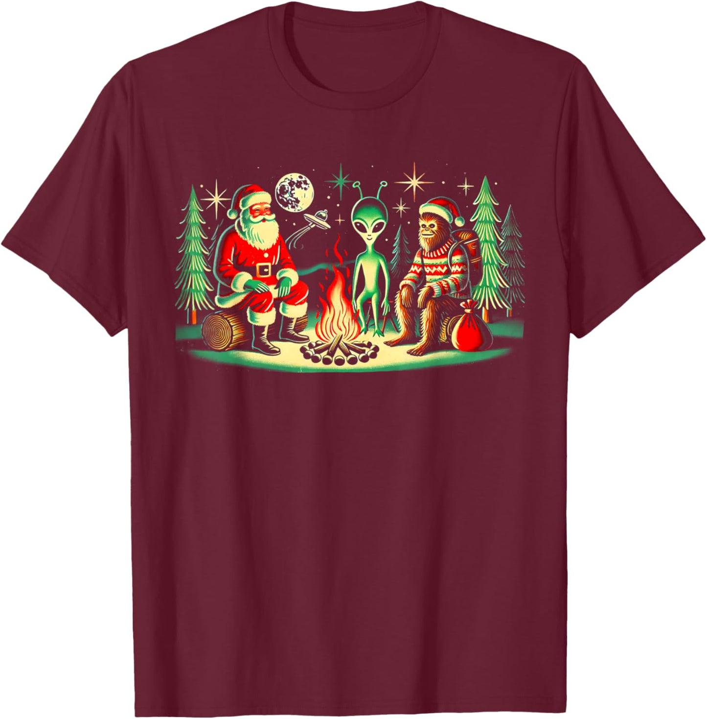 Santa Bigfoot and Alien Sat Around a Fire at Camp, Christmas T-Shirt - T-Shirt | Maroon