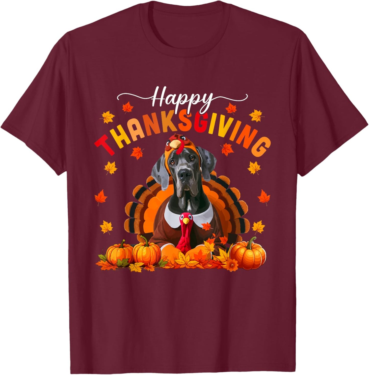 Happy Thanksgiving Great Dane Cosplay Fall Turkey Owner Kids T-Shirt - T-Shirt | Maroon