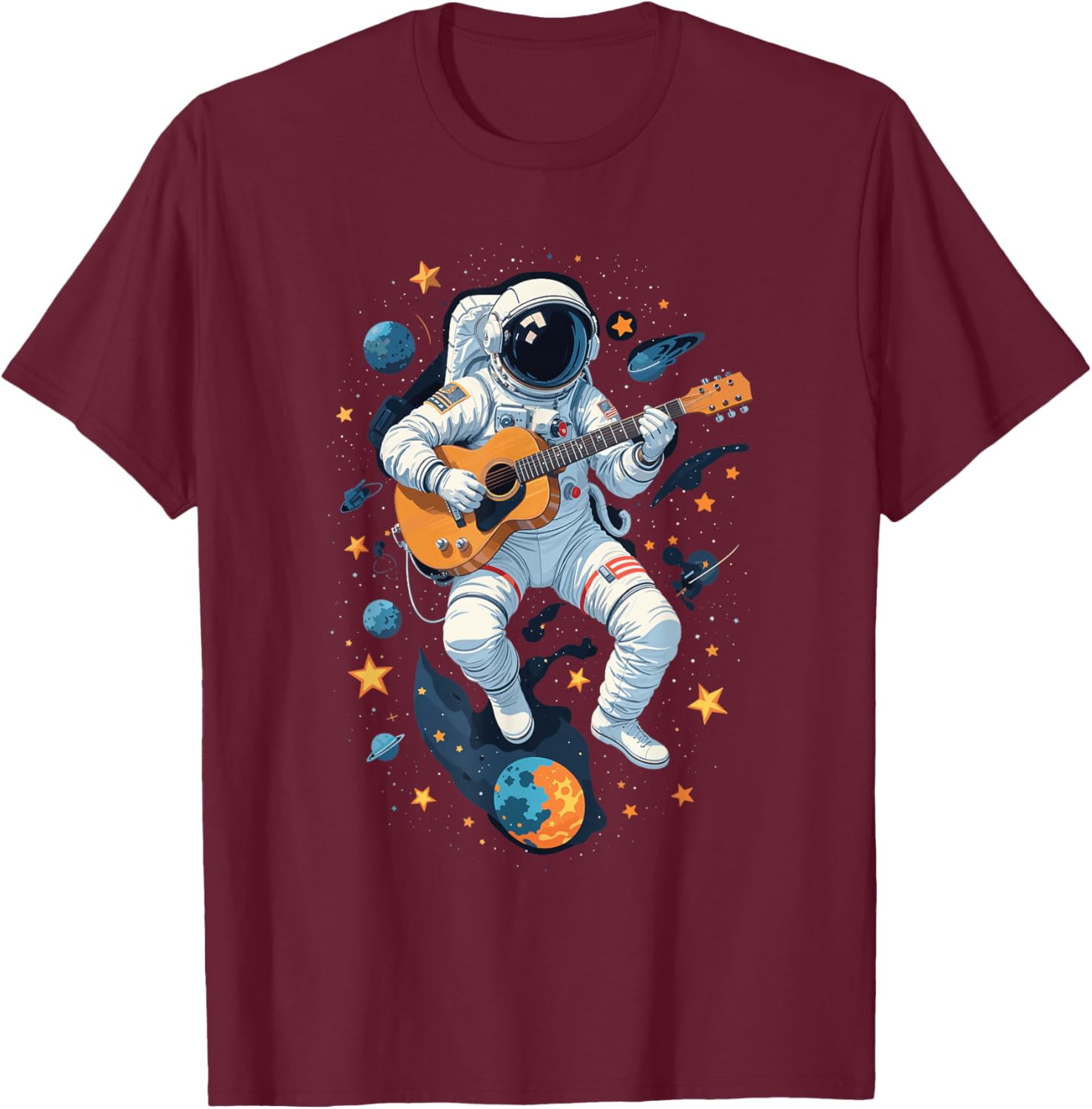 Astronaut Playing Guitar Shirt Spaceman Guitarist Musician T-Shirt - T-Shirt | Maroon