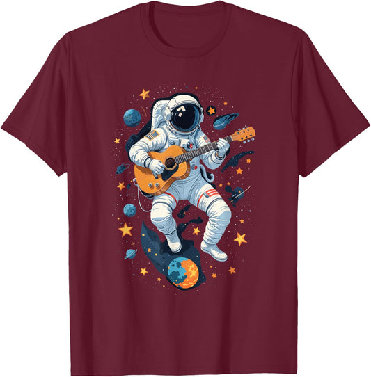 Astronaut Playing Guitar Shirt Spaceman Guitarist Musician T-Shirt - T-Shirt | Maroon