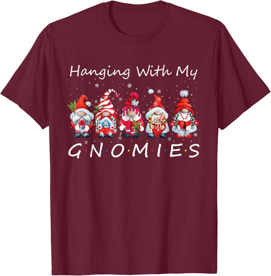 Funny Christmas Gnome Hanging With My Gnomies Family Pajamas T-Shirt - T-Shirt | Maroon