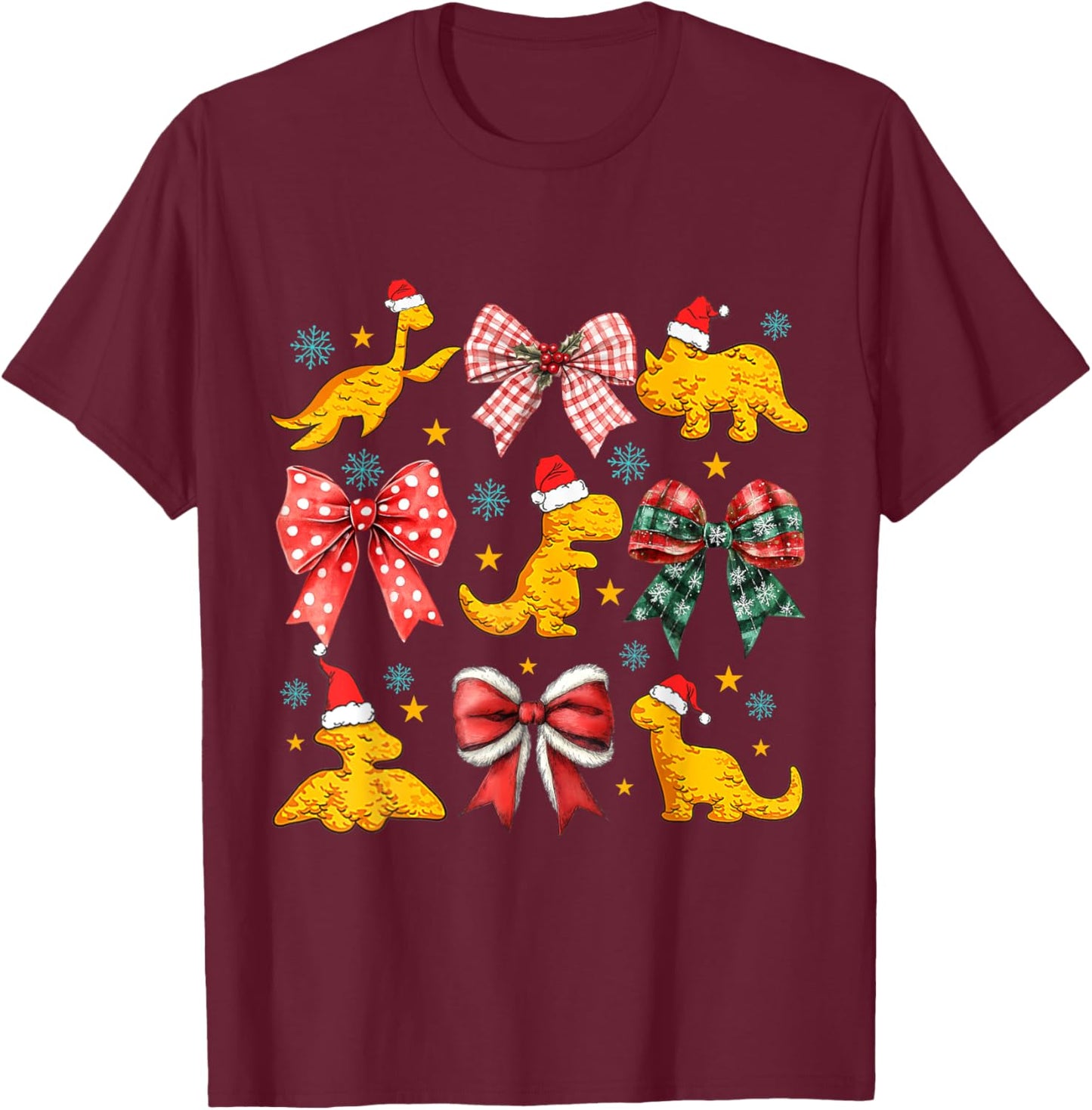 Coquette Bow Dinosaur Dino Chicken Nuggets Christmas Girly T-Shirt - T-Shirt | Maroon