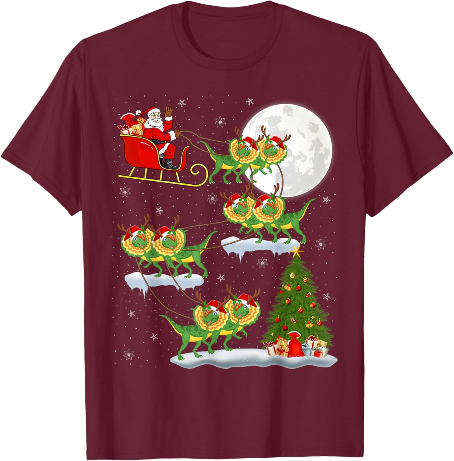 Xmas Lights Santa Riding Dilophosaurus Dinosaur Christmas T-Shirt - T-Shirt | Maroon