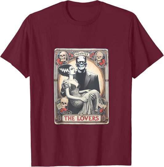 Retro Halloween Frankenstein Lovers Tarot Card Halloween T-Shirt - T-Shirt | Maroon