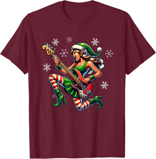 Rock & Roll Christmas Elf Bass-Guitar Bassist Christmas T-Shirt - T-Shirt | Maroon