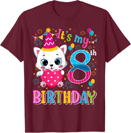 8th Birthday Cat Shirt Girls Kitten Birthday Girl 8 Year Old T-Shirt - T-Shirt | Maroon