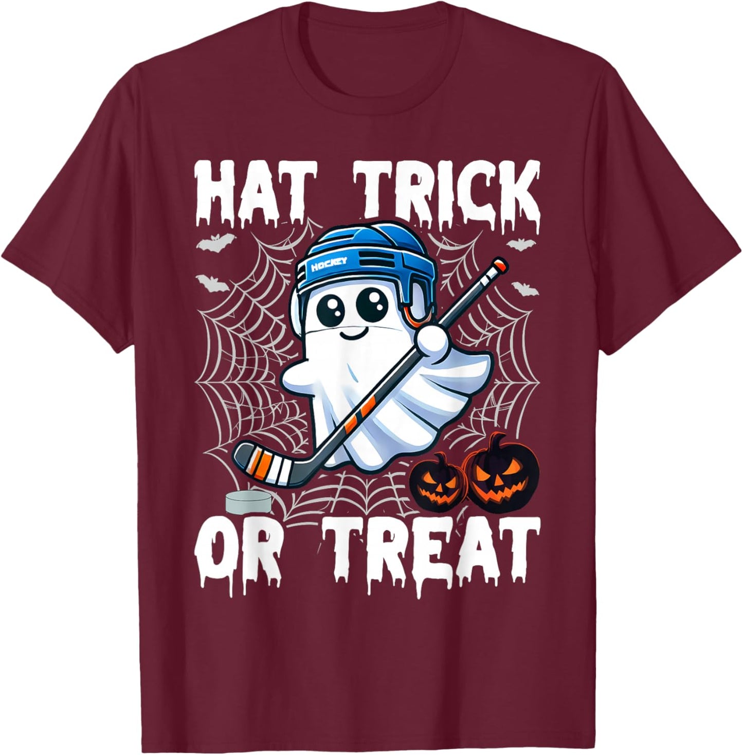 Hat Trick or Treat, Hilarious Hockey Halloween Family T-Shirt - T-Shirt | Maroon