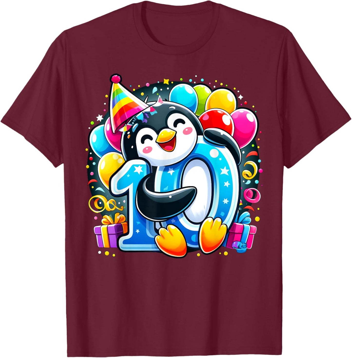 Kids Penguin Theme tenth Bday Party 10th Penguin Birthday T-Shirt - T-Shirt | Maroon