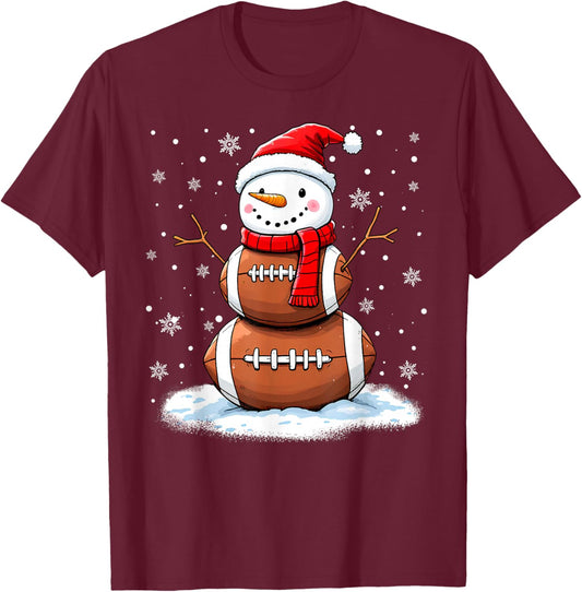 Christmas American Football Snowman Xmas Sport Men Boys Kids T-Shirt - T-Shirt | Maroon