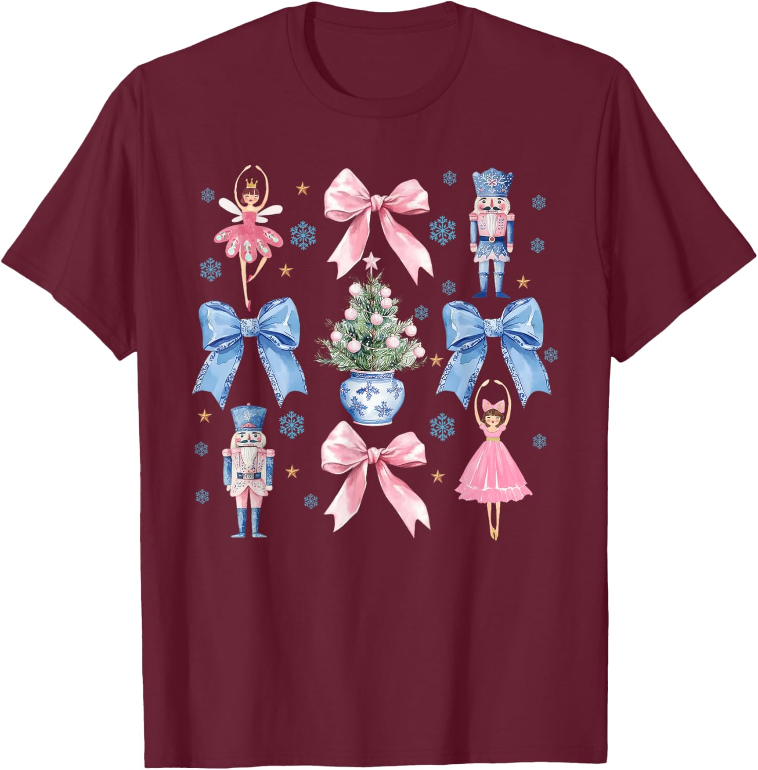 Coquette Bow Christmas Nutcracker Ballet Festive Women Girls T-Shirt - T-Shirt | Maroon