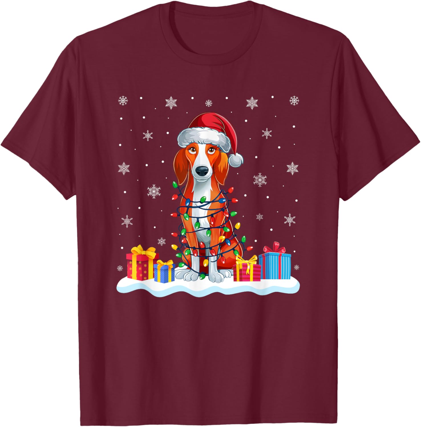 American Foxhound Dog Santa Hat Christmas Tree Light Xmas Pj T-Shirt - T-Shirt | Maroon