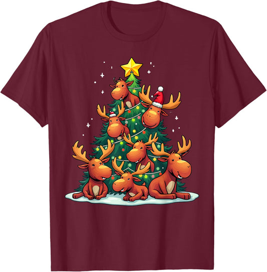 Moose Christmas Tree Funny Bullwinkle Holiday T-Shirt - T-Shirt | Maroon