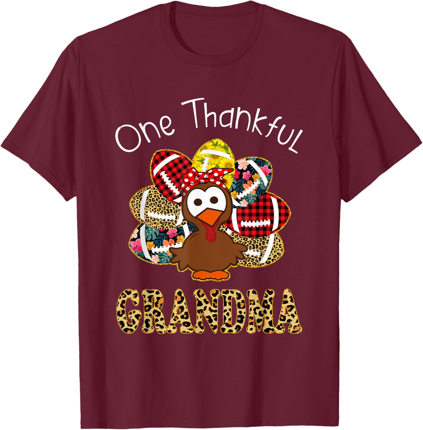 One Thankful Grandma Turkey Leopard Fall Thanksgiving Gift T-Shirt - T-Shirt | Maroon