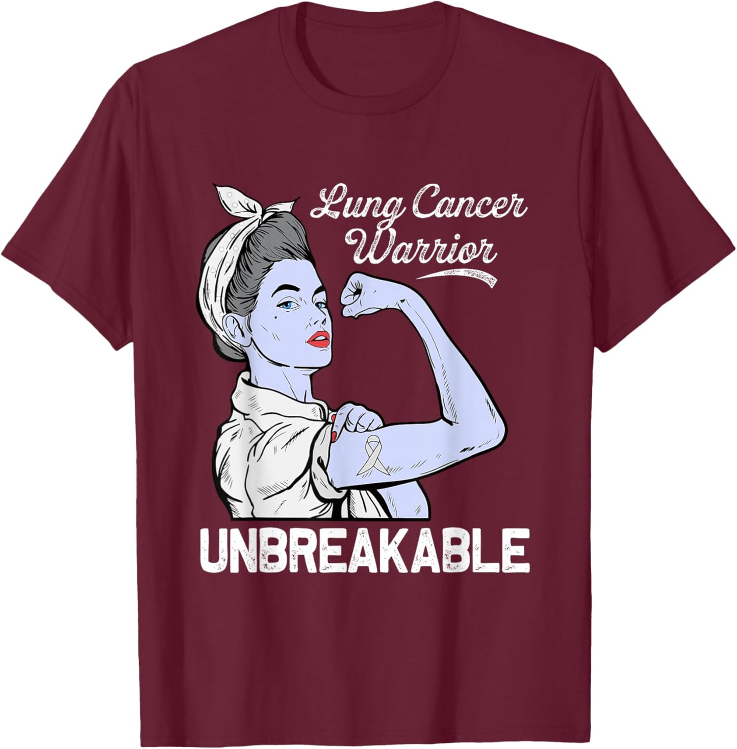 Lung Cancer Warrior Awareness White Ribbon Support T-Shirt - T-Shirt | Maroon