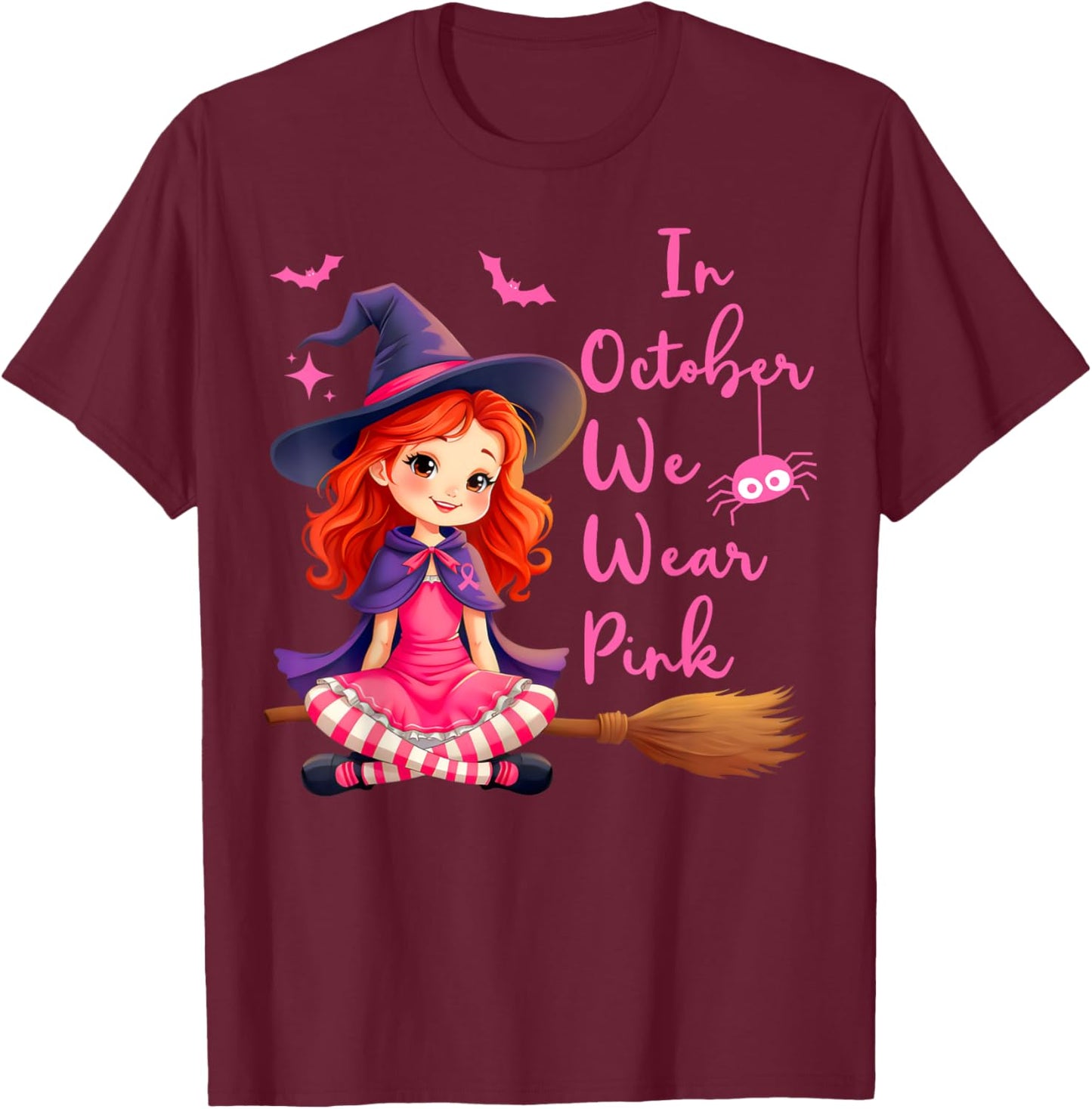 In October We Wear Pink Witch broom Breast Cancer Halloween T-Shirt - T-Shirt | Maroon