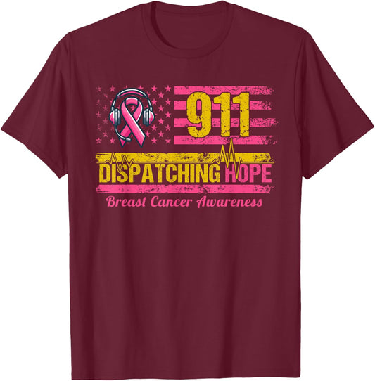 911 Dispatcher Breast Cancer Awareness American Flag T-Shirt - T-Shirt | Maroon