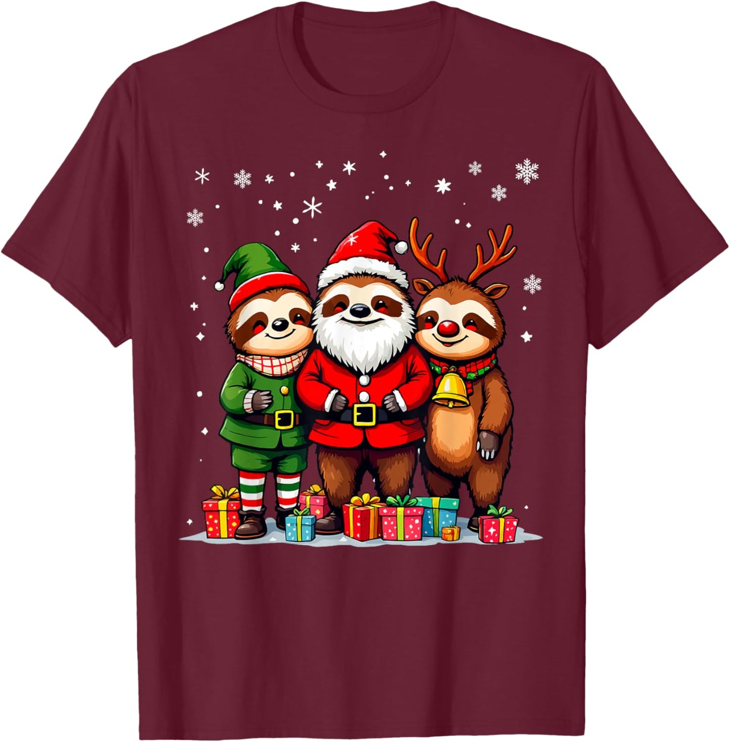 Cute Christmas Sloths in Santa Elf and Reindeer Costumes T-Shirt - T-Shirt | Maroon