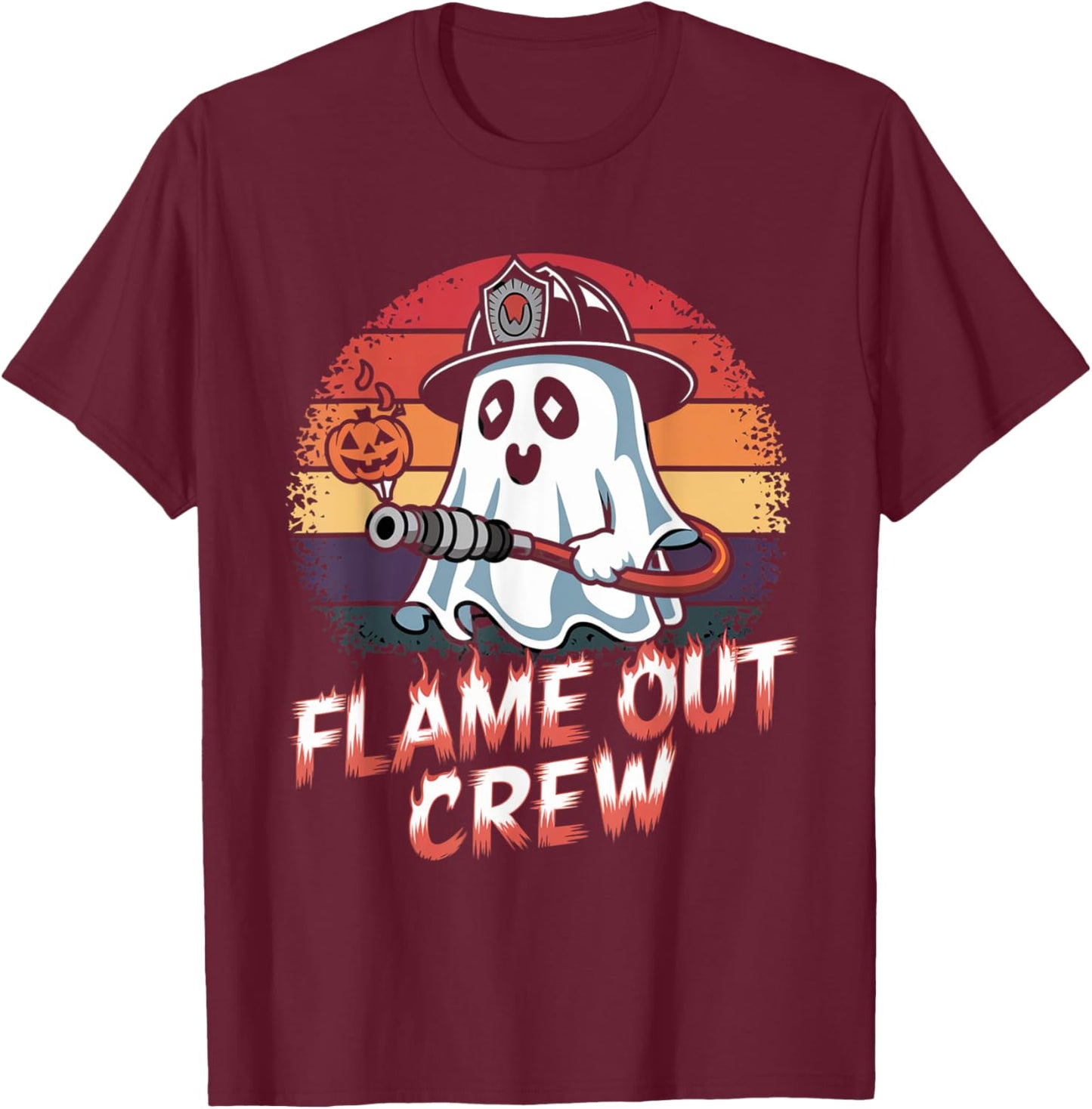 Flame Out Crew Ghost Firefighter Halloween Retro T-Shirt - T-Shirt | Maroon