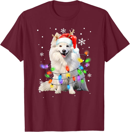 American Eskimo dog Christmas Sweater Dog Xmas Lights Men Women Kids T-Shirt - T-Shirt | Maroon