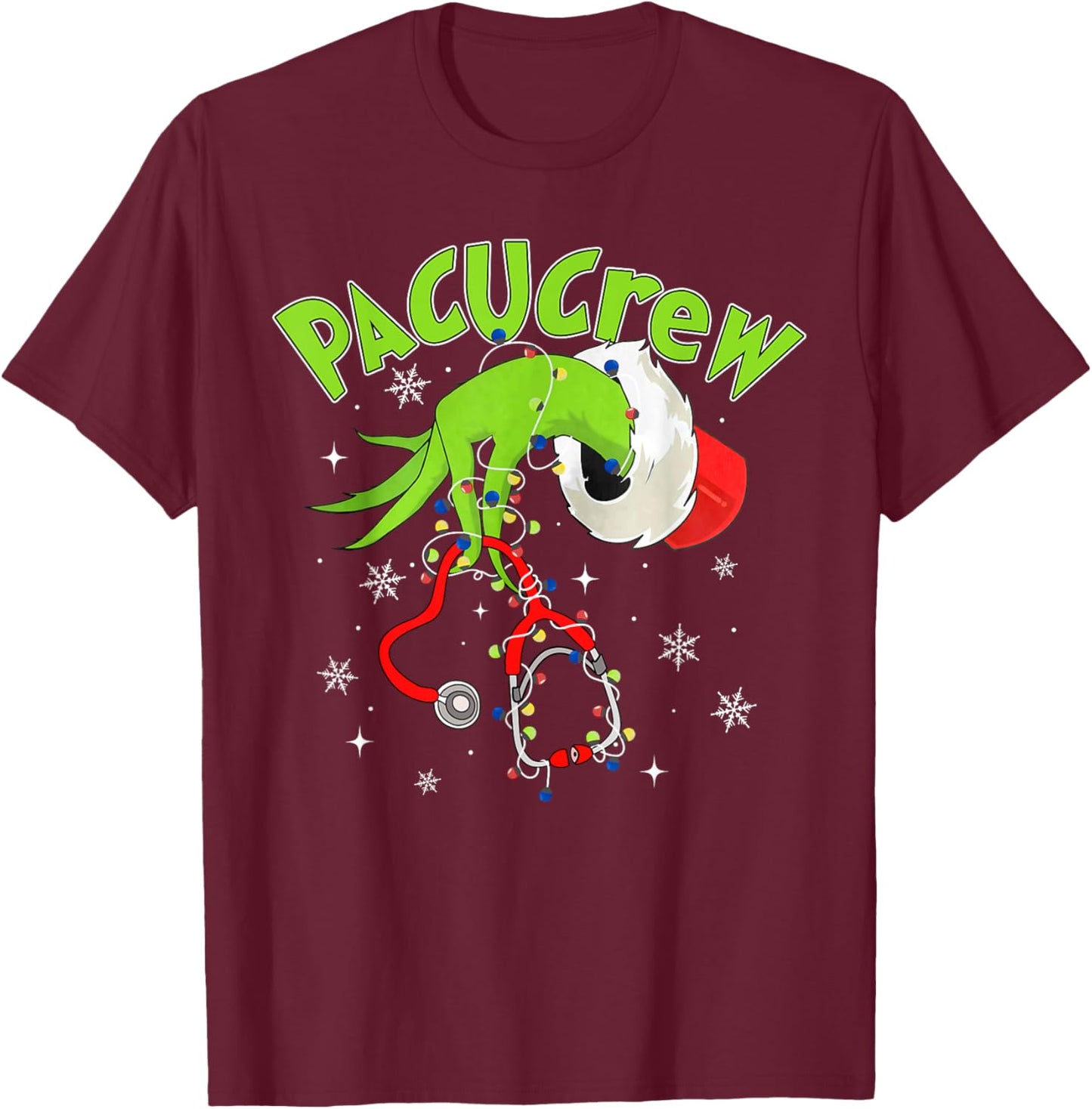 Nurse Christmas Stethoscope PACU Crew Xmas Lights Pajamas -Adults Black Small T-Shirt - T-Shirt | Maroon