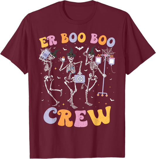 Dancing Skeleton ER Nurse Boo Crew Emergency Room Halloween T-Shirt - T-Shirt | Maroon