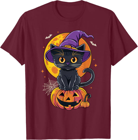 Black Cat Halloween Shirts Women Pumpkin Halloween T-Shirt - T-Shirt | Maroon