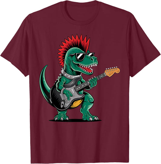 Cute Dinosaur Playing Guitar Rock Gift Women Kid Boy T-Shirt - T-Shirt | Maroon