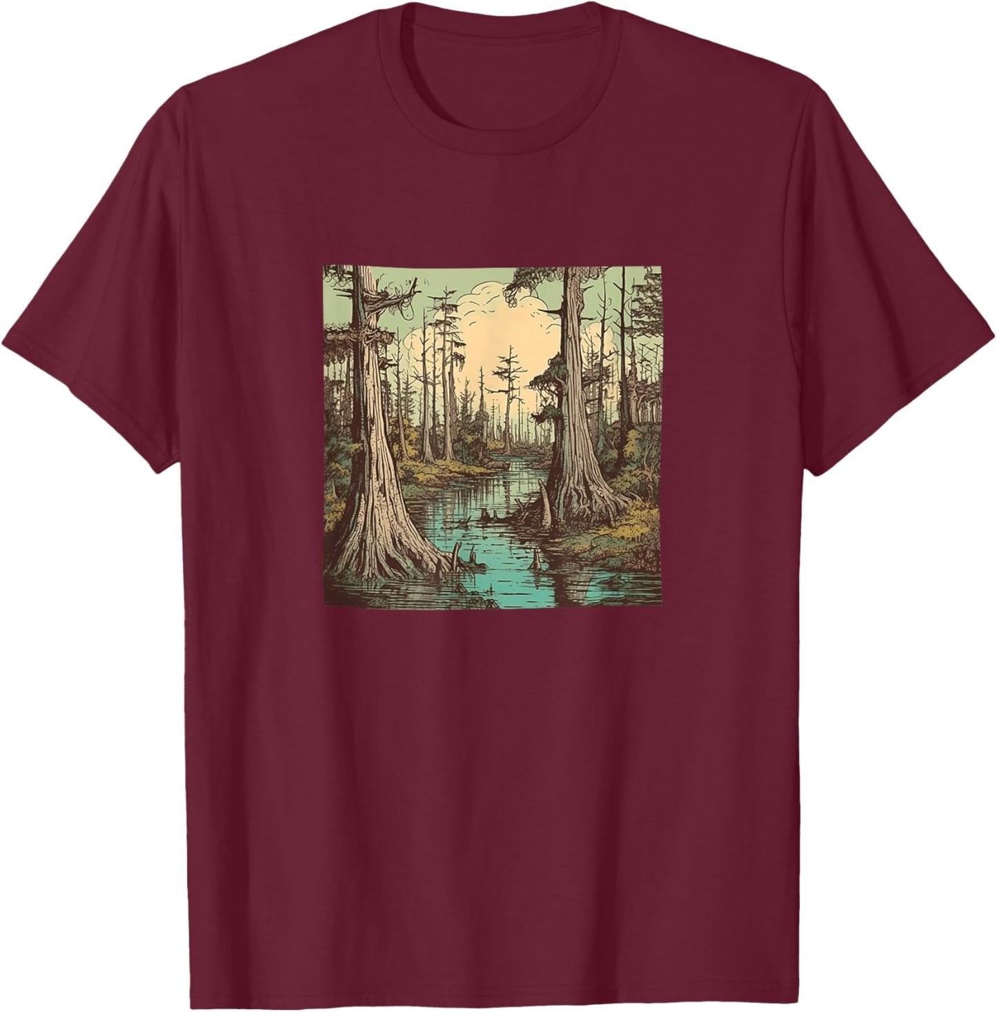Swamp With Cypress Trees Vintage Landscape Graphic T-Shirt - T-Shirt | Maroon